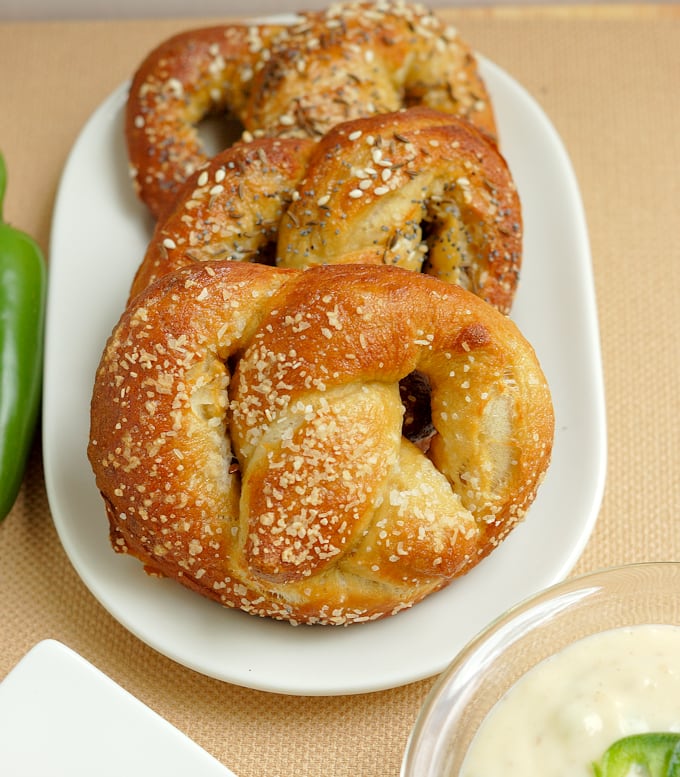 Beer Infused Bavarian Soft Pretzels with Jalapeno Cheddar Dip Baking