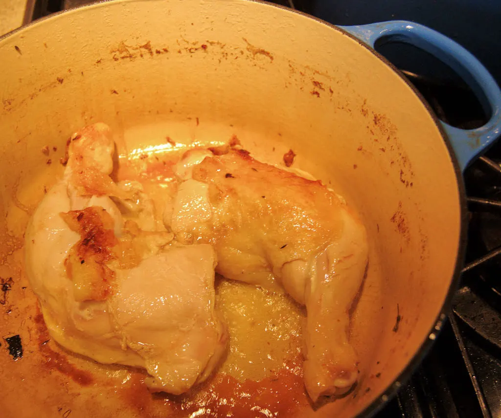 Start the stew by browning the chicken legs. Since I made the stock the same day I just used the same pot, no need to wash.
