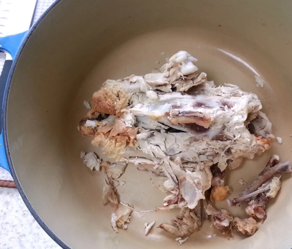 The left over carcass from a roasted chicken is the perfect starting point for a great chicken stock.