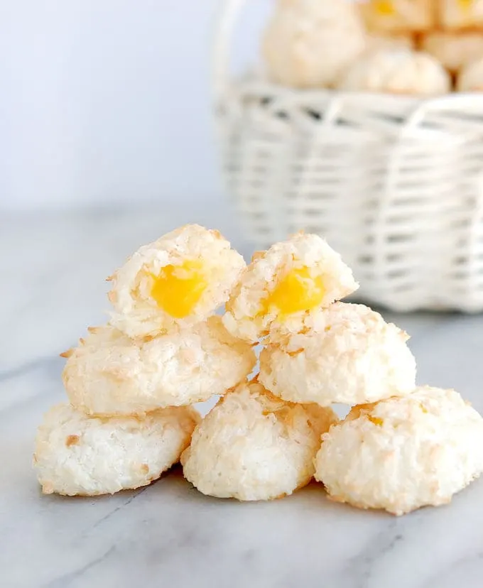 a stack of coconut macaroon easter egg cookies