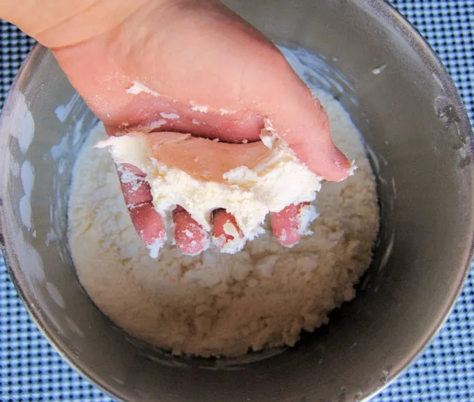 a hand holding a clump of shortbread dough.