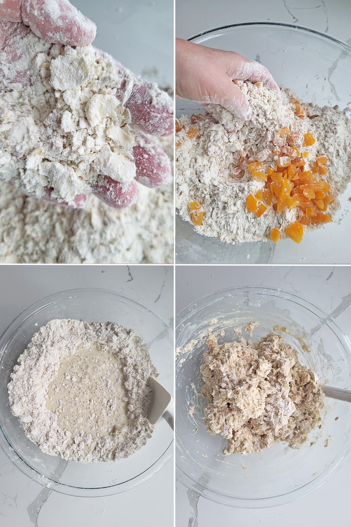 dry ingredients for oatmeal soda bread in a bowl. We ingredients added to bowl. 