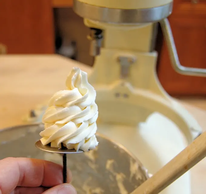 A swirl of buttercream on an icing nail. Stand mixer in the background.