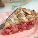 A pinterest image for rhubarb pie with text overlay.