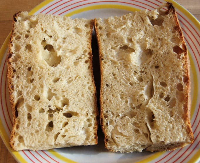 By not kneading out the air from the baguette you'll get a nicely irregular crumb with a great chewy texture.