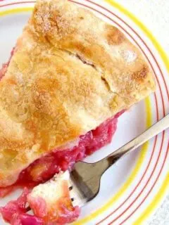 a slice of rhubarb pie on a plate