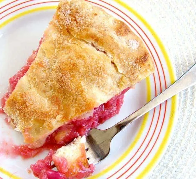 a slice of rhubarb pie on a plate with a fork.