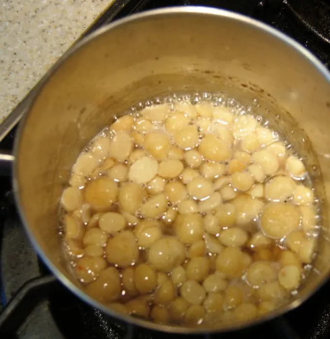 macadamias boiling with the sugar, water and vanilla bean