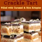 a pinterest image for chocolate caramel rice krispie tart with text