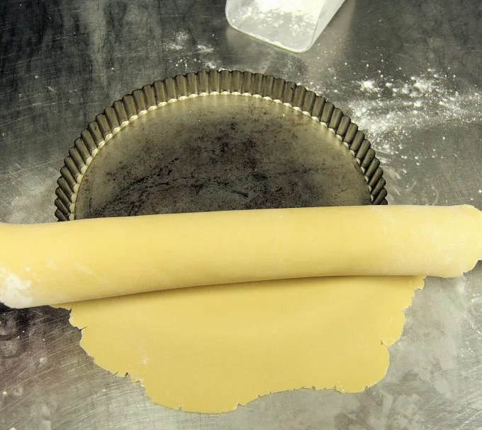 a tart pan with dough being rolled