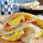 a pinterest image for breakfast calzones