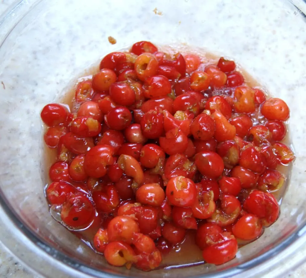 Pitted sour cherries in a glass bowl.