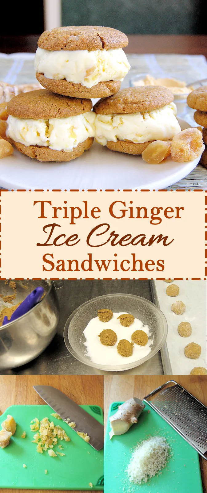 Homemade ginger ice cream sandwiched between ginger cookies. Super easy to make ahead. Create your own ice cream sandwich bar at your next party.