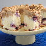 slices of blueberry coffee cake on a yellow cake stand.