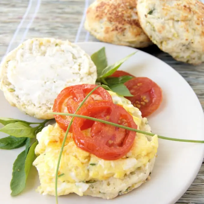 zucchini biscuit sandwich with eggs and tomatoes