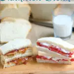 a pb&j sandwich and a tomato sandwich. Image has text overlay for pinterest