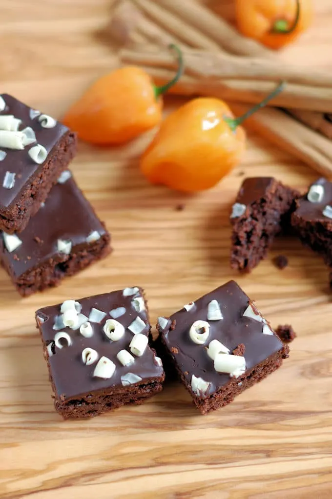 several habanero brownies, habanero pepper and cinnamon sticks