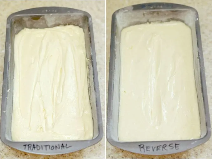 Two unbaked pound cakes in the pans, side by side. One is marked traditional and the other is marked reverse