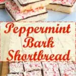 a pinterest image for peppermint bark shortbread with text overlay