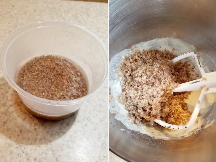 two side by side photos showing how to soak cracked wheat for bread dough