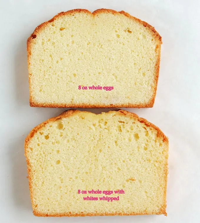 Two slices of cake on a white background. Text overlay shows how in cake batter eggs make a huge difference