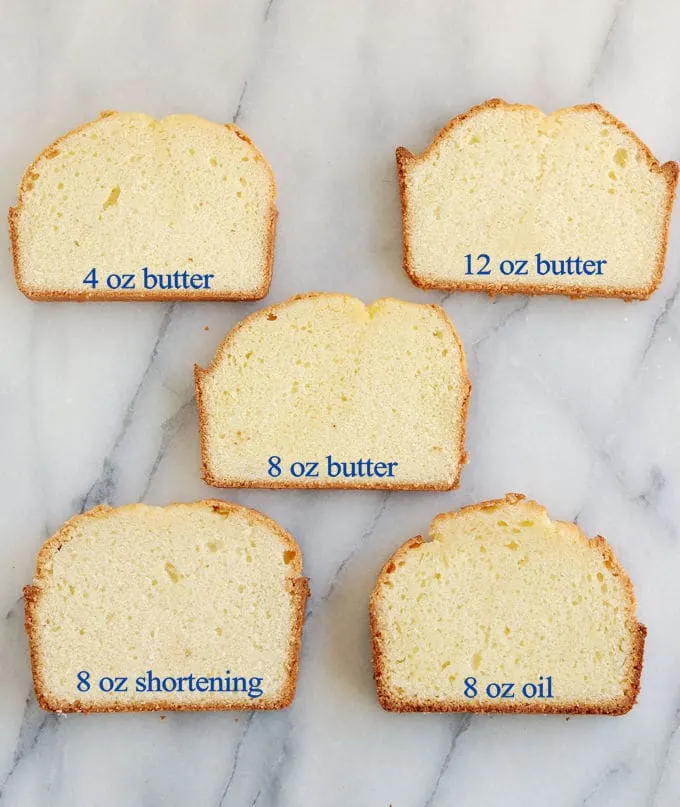 Five slices of pound cake baked with different fats on a marble board. Text overlay displays amount of fat used in the batter.