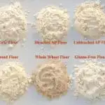 6 types of flour arranged on a white background