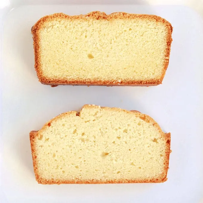 Two slices of gluten free pound cake on a white background. Shows how in cake batter, flour can be gluten free or wheat