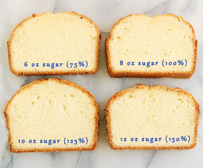 Four slices of pound cake on a marble slab. Blue text overlay stating the cake batter sugar variations in each cake.