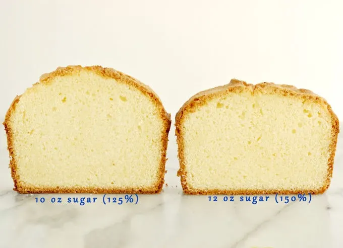 Two slices of pound cake standing on a marble slab. One cake is taller than the other.