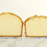 Two slice pound cakes, one taller, side by side with a white background.
