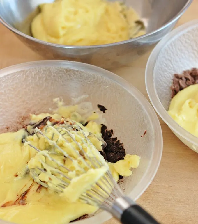 mixing dark chocolate pastry cream