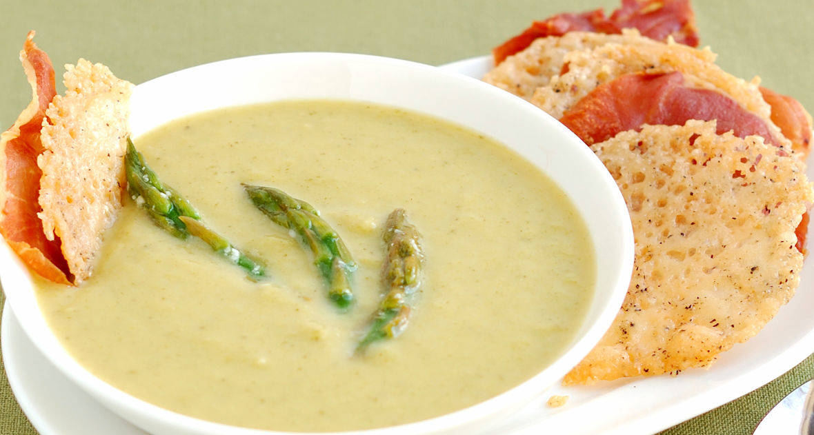 Asparagus soup with parmesan & prosciutto crisps Baking Sense