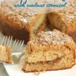 a pinterest image for banana coffee cake with walnut streusel with text overlay