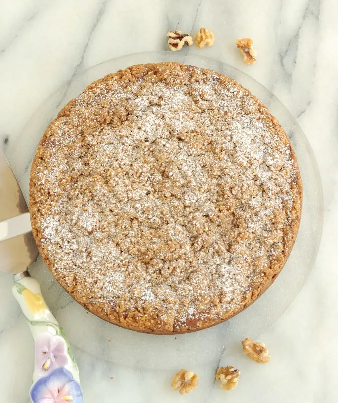 a top view of a banana coffeecake sprinkled with sugar