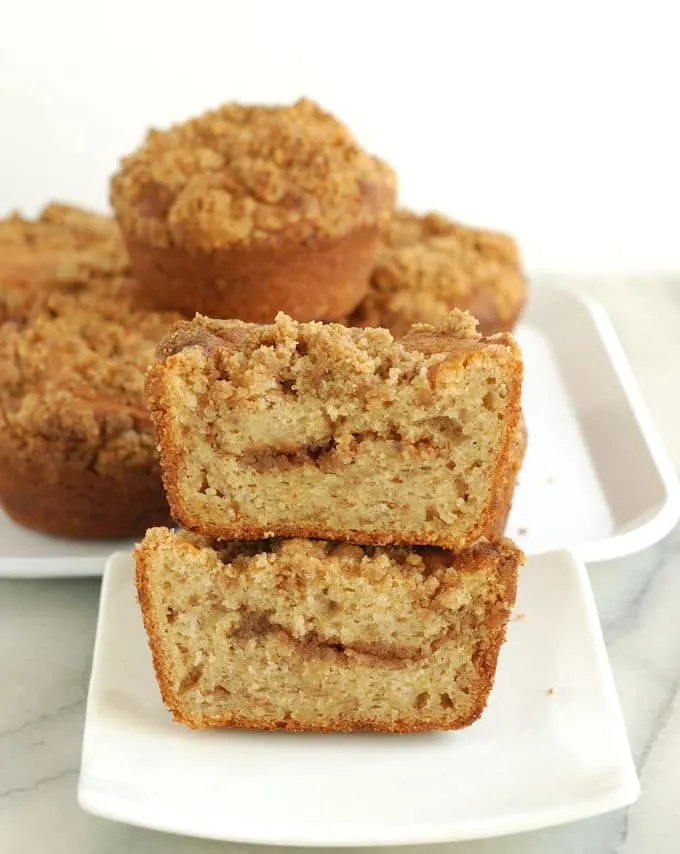 a stack of banana coffeecake muffins