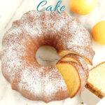 a pinterest image for lemon olive oil cake with text overlay.