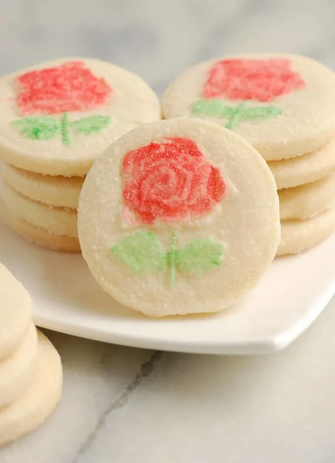 rose shortbread cookies on a plate