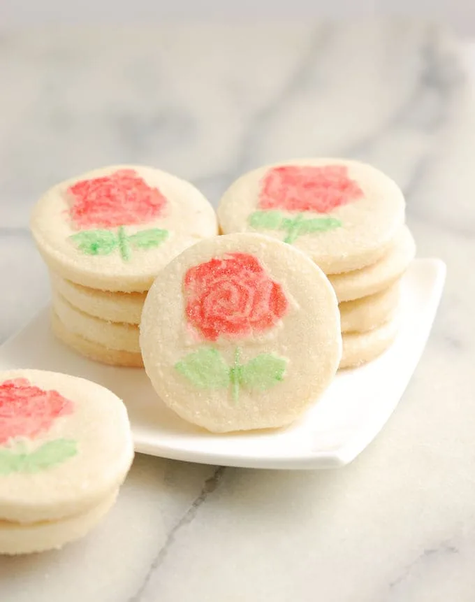 rose shortbread cookies on a plate