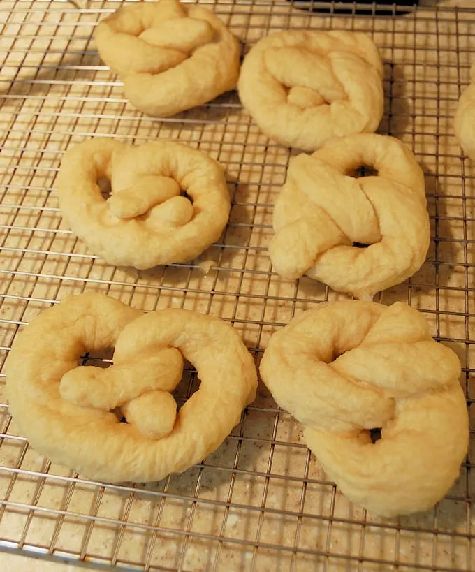 soft pretzels after boiling and before baking