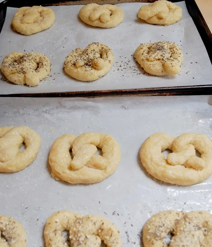 trays of soft pretzels ready for the oven