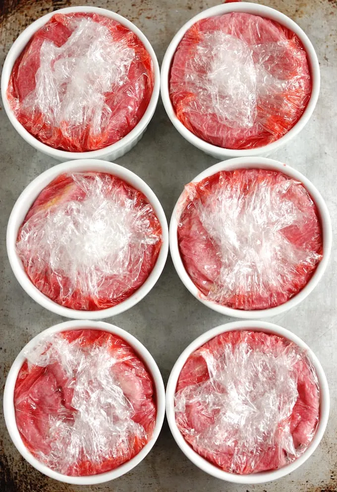 showing summer puddings in ramekins ready for soaking