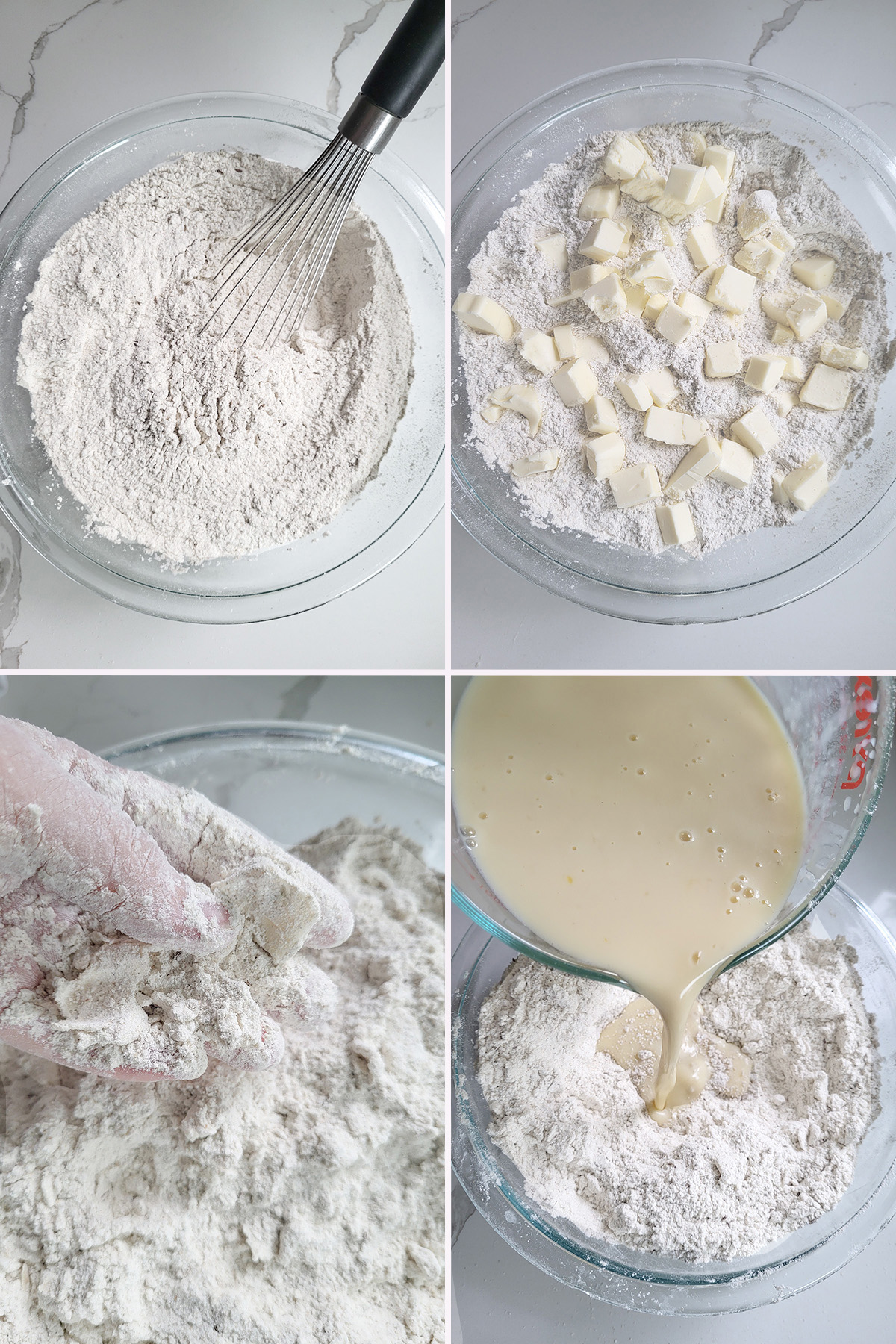 dry ingredients in a mixing bowl with butter. liquid added.