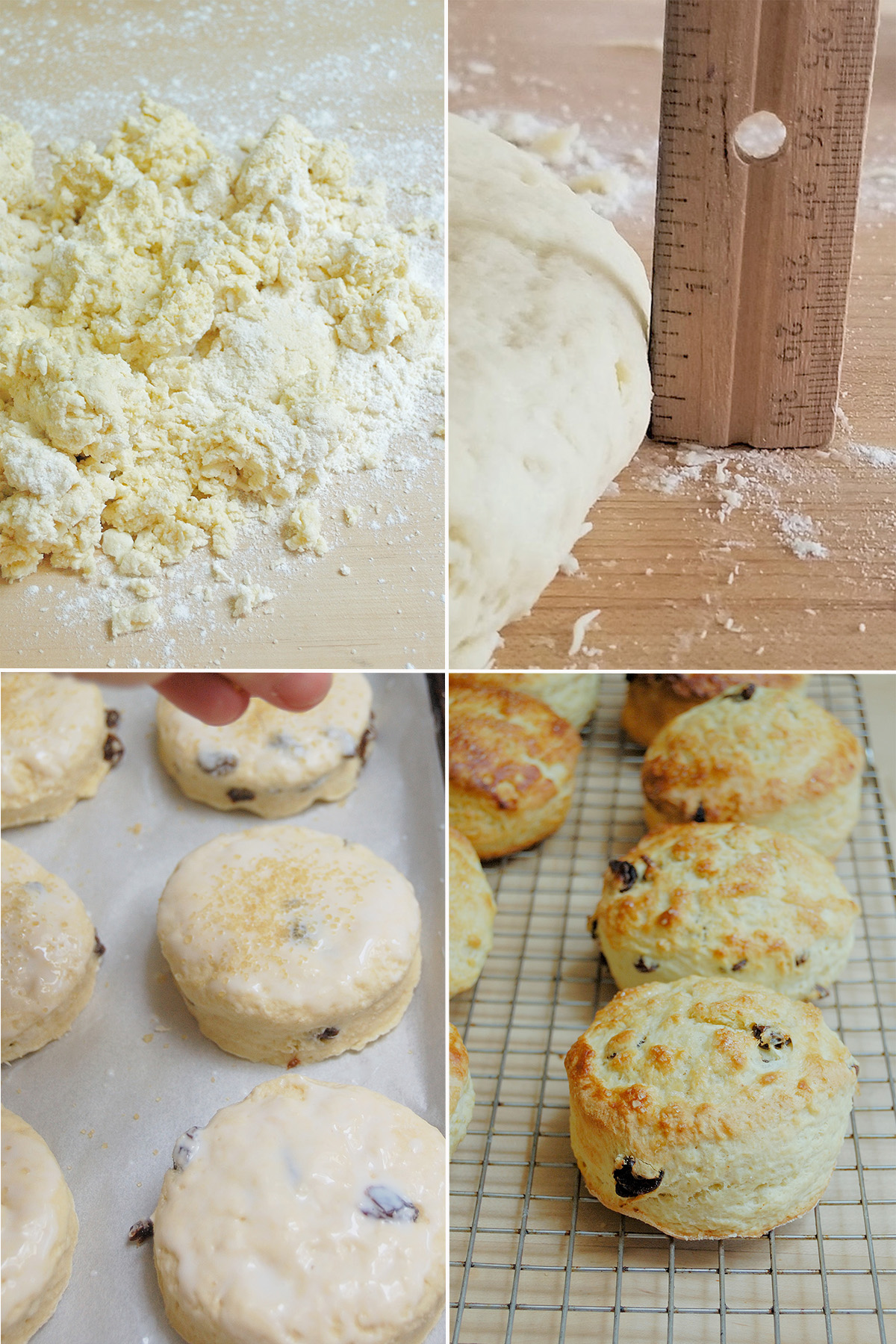 dough on a surface. cut scones before and after baking.