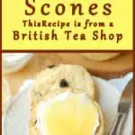 a pinterest image showing a raisin scone with lemon curd and a text overlay