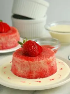 a rhubarb summer pudding with vanilla sauce on a plate