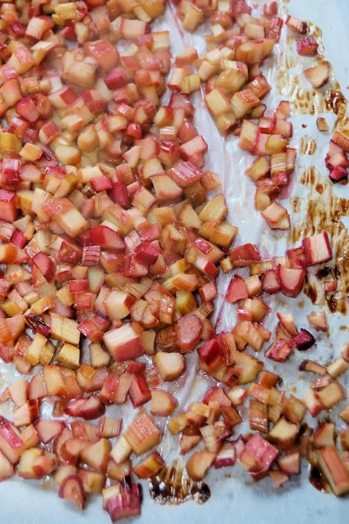 a tray of roasted rhubarb