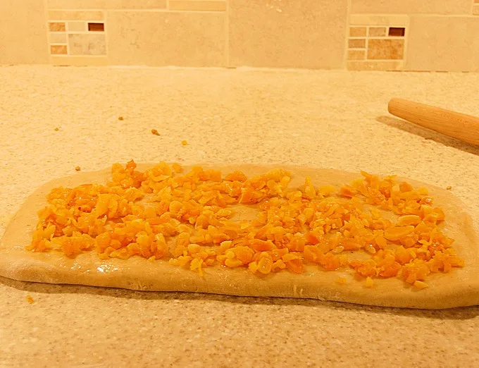 a rectangle of dough covered with chopped apricots