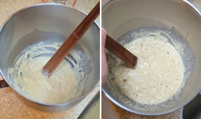 two side by photos showing a bread sponge before and after 30 minute rise