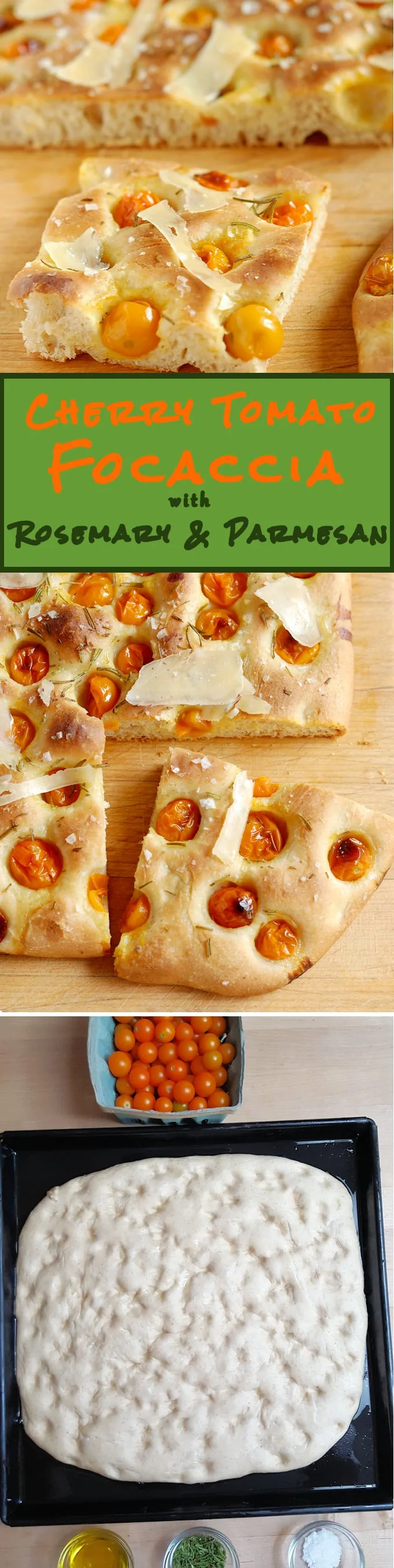 Bursts of sweet cherry tomato with fragrant rosemary on a light and chewy crust - Cherry Tomato Focaccia with Rosemary & Parmesan is a great snack, or have it for lunch, or serve it with salad for a light dinner.